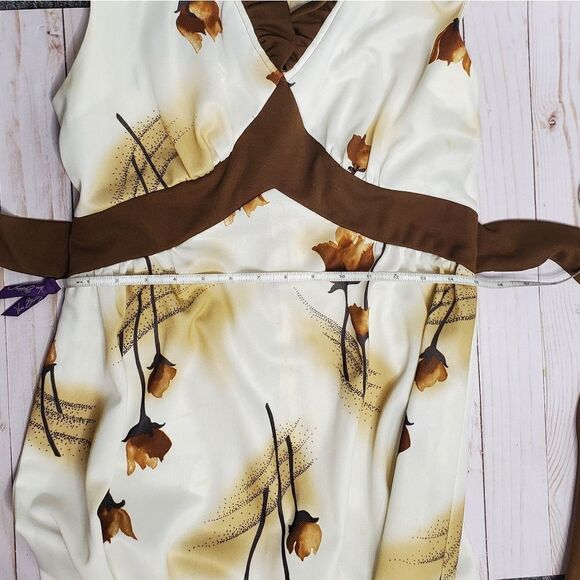 VINTAGE 70s maxi dress ruffle‎ sleeveless brown floral L - Picture 10 of 12